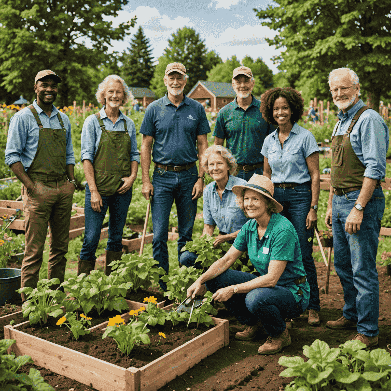 A diverse group of Canadians participating in a community garden project, showcasing unity and environmental consciousness