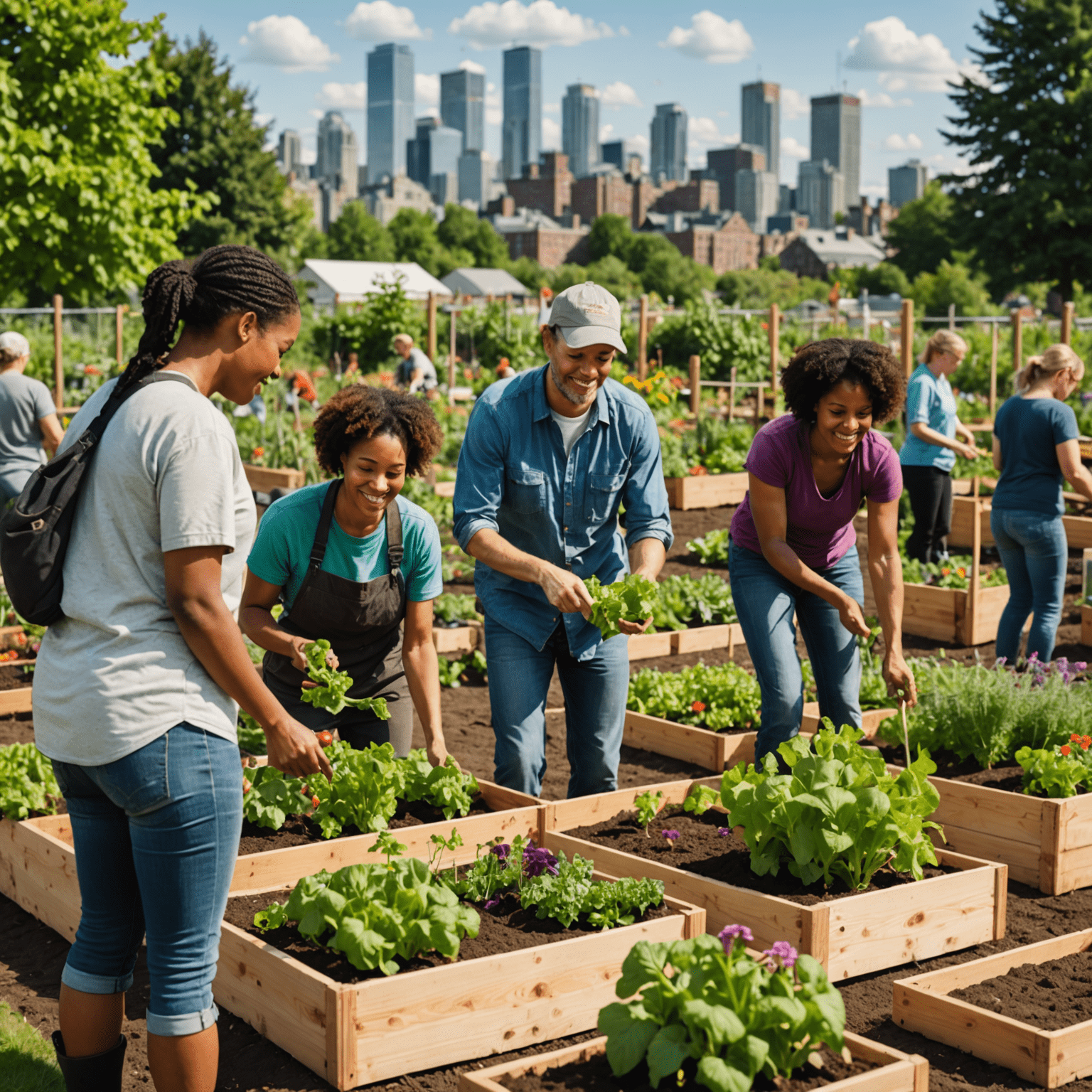 A diverse group of Canadian volunteers working together on a community garden project, with raised beds of vegetables and flowers in the foreground and a cityscape in the background