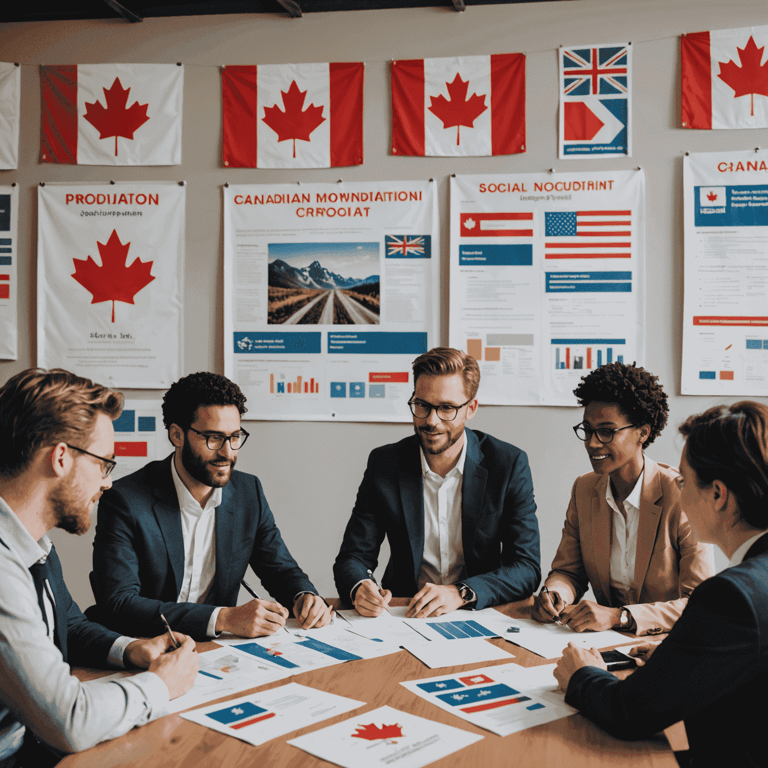 A group of diverse professionals discussing project plans around a table with Canadian flags and social initiative posters in the background