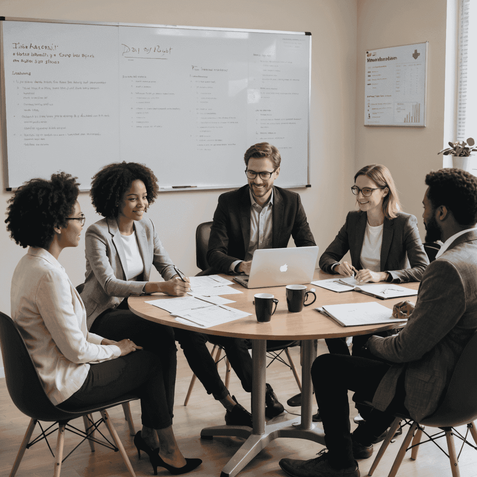 A group of diverse people sitting around a table, discussing project plans and ideas. There are papers, laptops, and a whiteboard visible, showcasing collaborative planning for social initiatives in Canada.