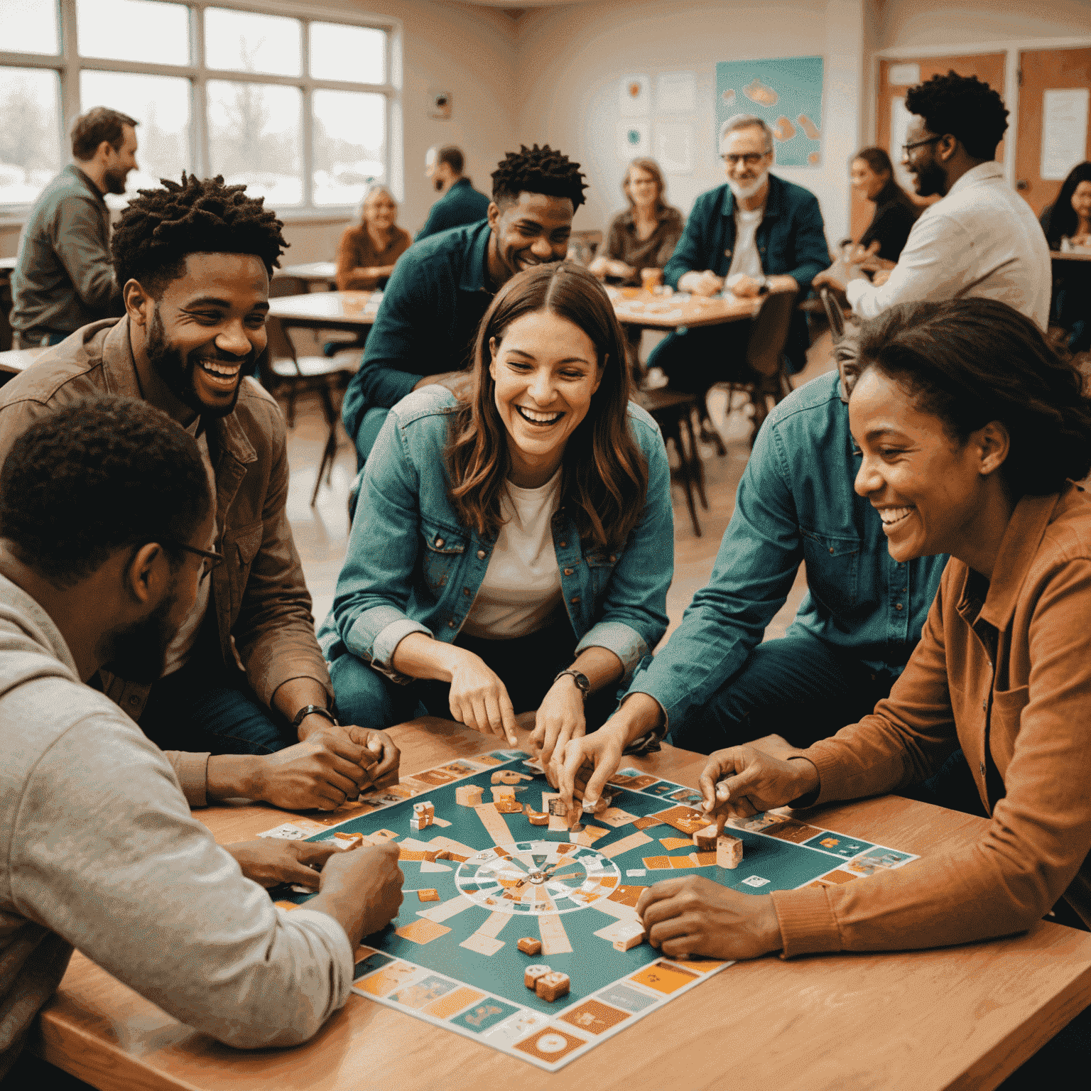 A group of diverse Canadians playing a social board game in a community center, laughing and interacting