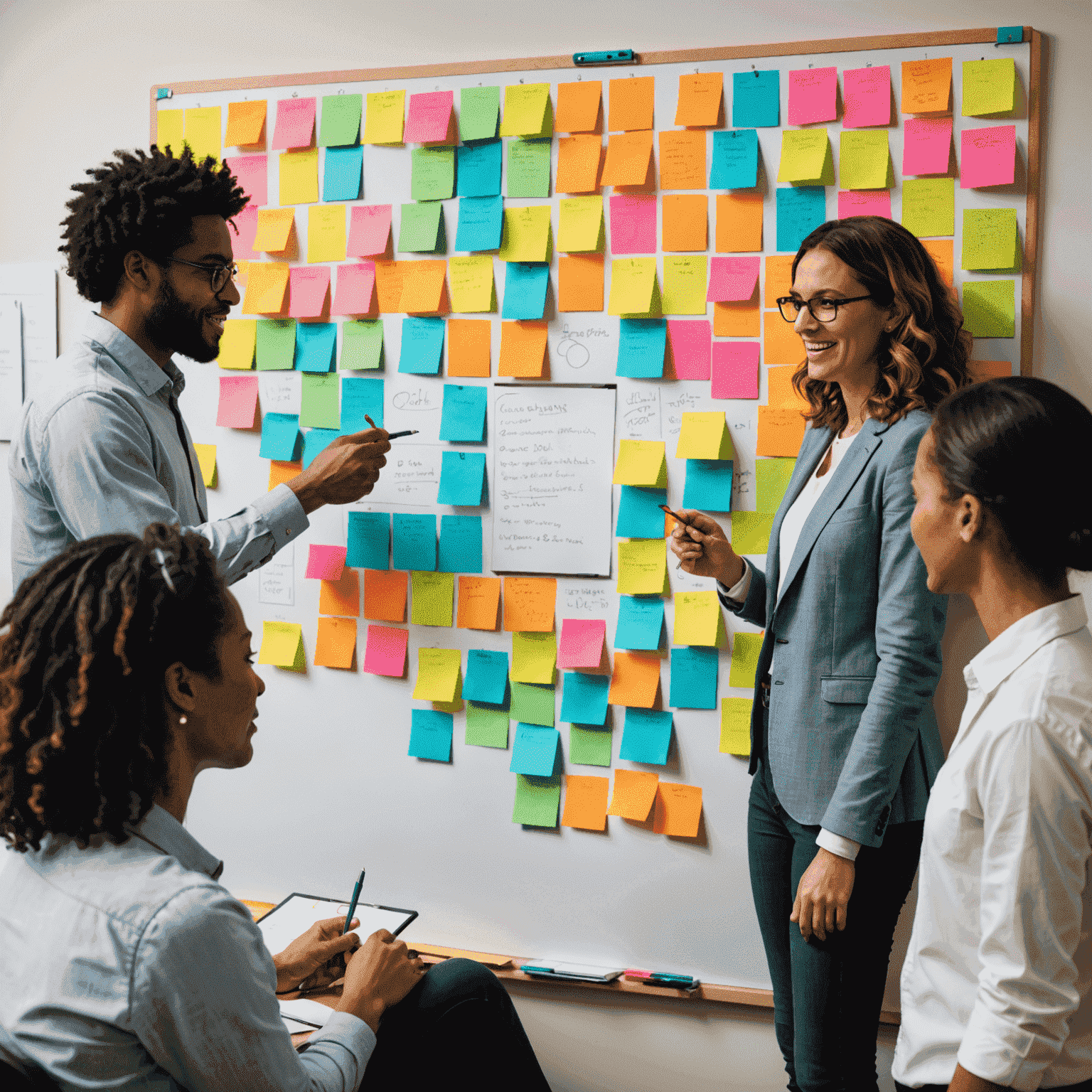 A group of diverse Canadian social entrepreneurs collaborating on a project plan, surrounded by colorful sticky notes and a whiteboard with funding ideas