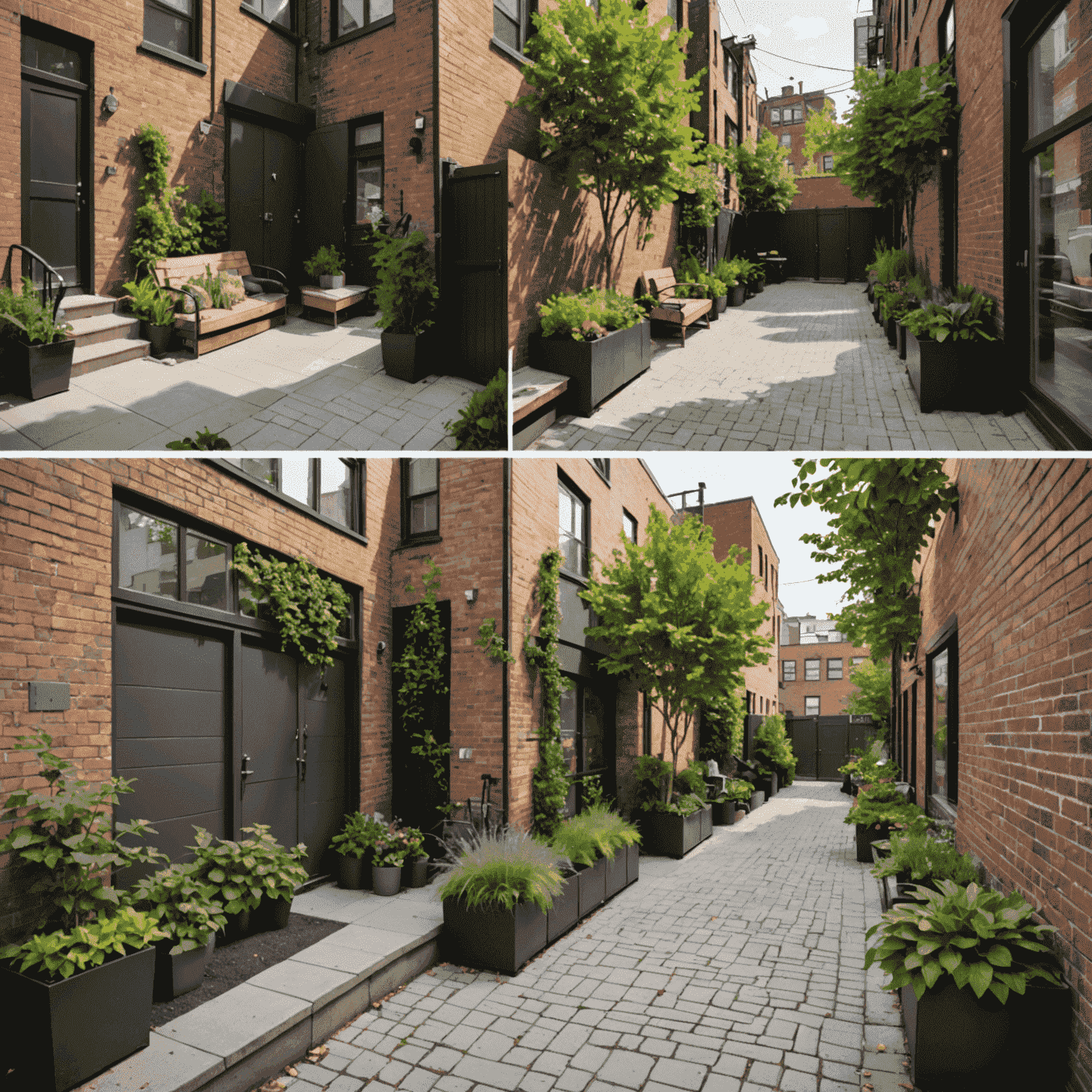 Before and after images of a Toronto alleyway, showing the transformation from a grey, littered space to a green oasis with planters, murals, and seating areas