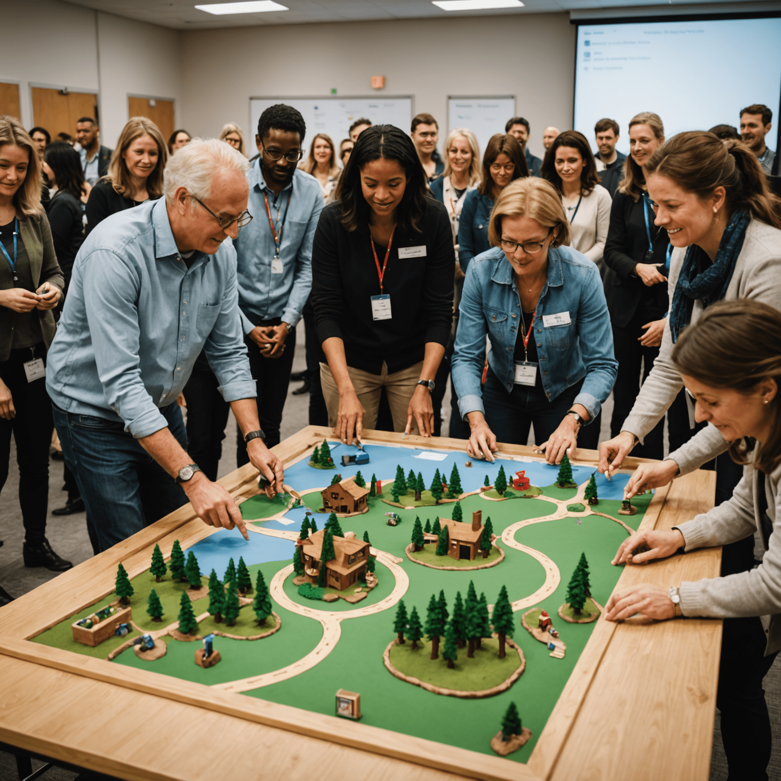 A diverse group of Canadians participating in a community workshop, with interactive displays and social game elements visible