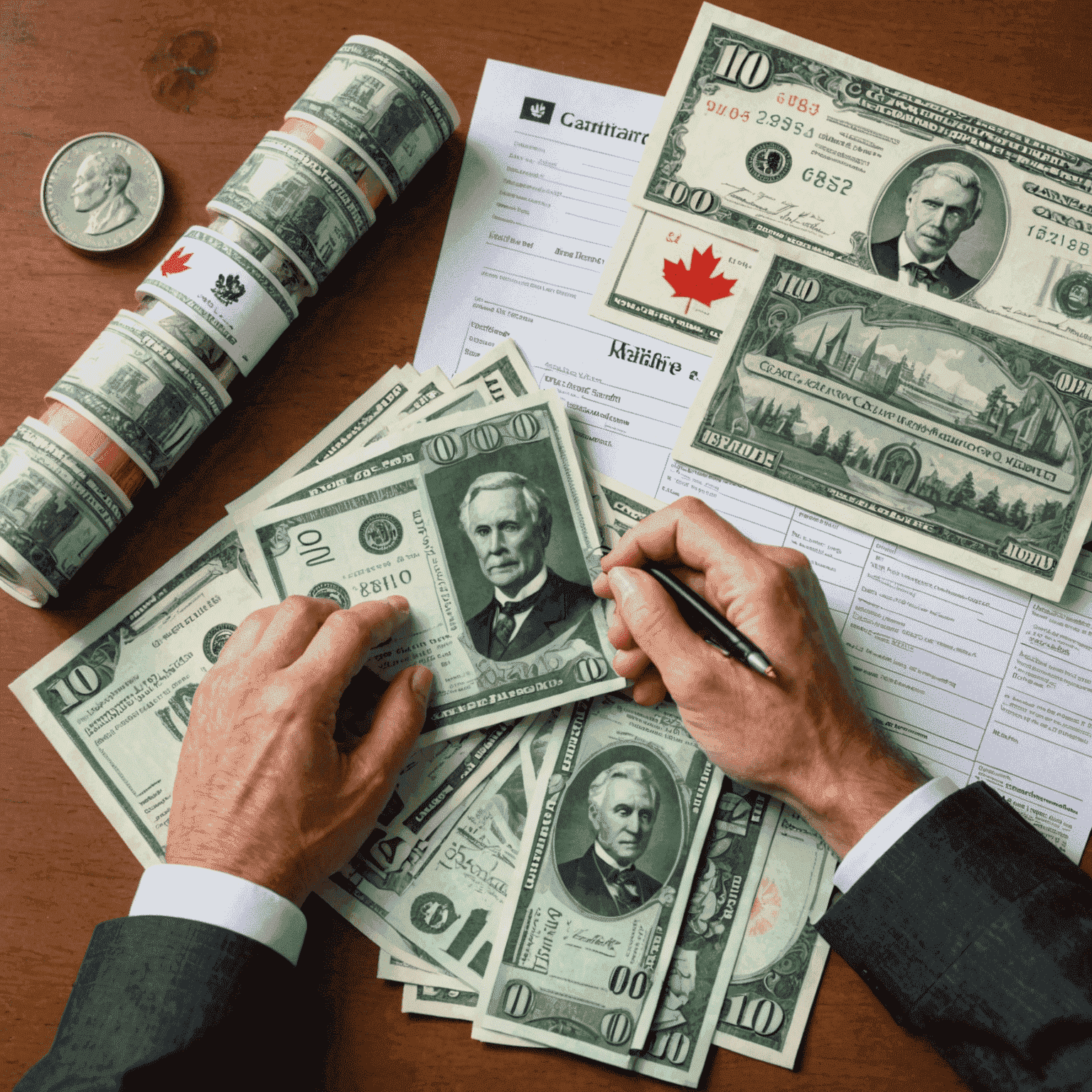 A collage of Canadian currency, grant application forms, and a handshake symbolizing successful funding partnerships for social projects.