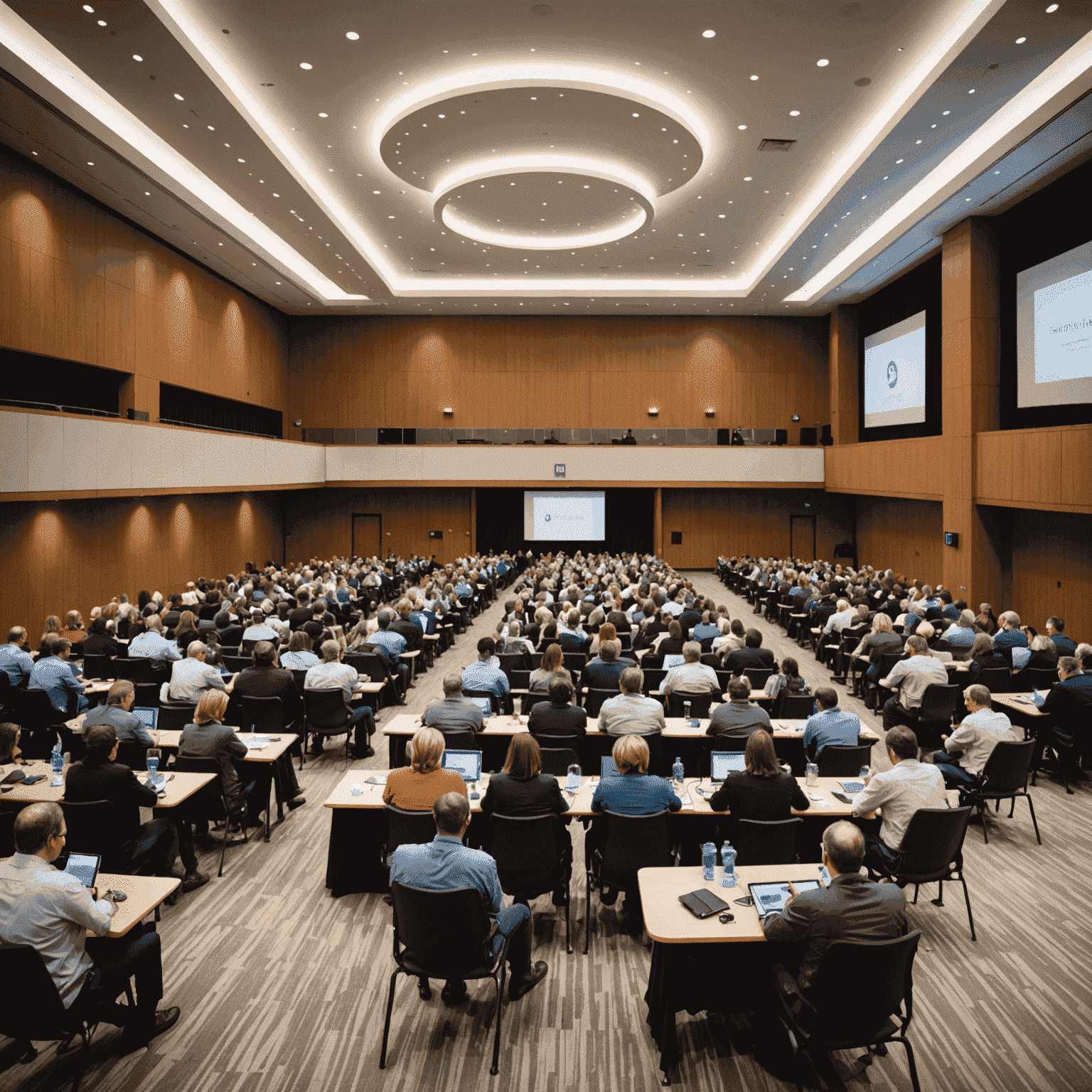 A large conference hall with attendees networking, attending presentations, and engaging in workshops