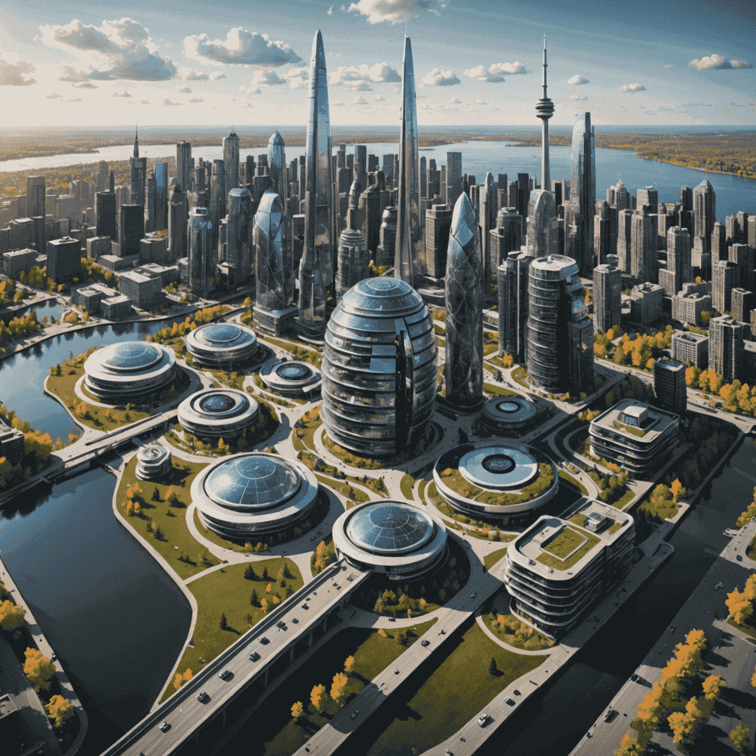 A futuristic image showcasing innovative technologies being used in Canadian social development, including AI interfaces, sustainable urban planning models, and interactive community engagement platforms.