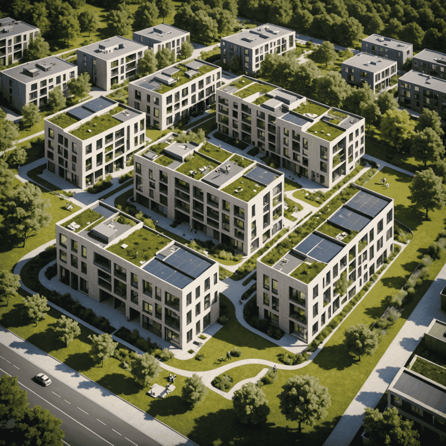 A modern, eco-friendly intergenerational housing complex with shared green spaces and communal areas