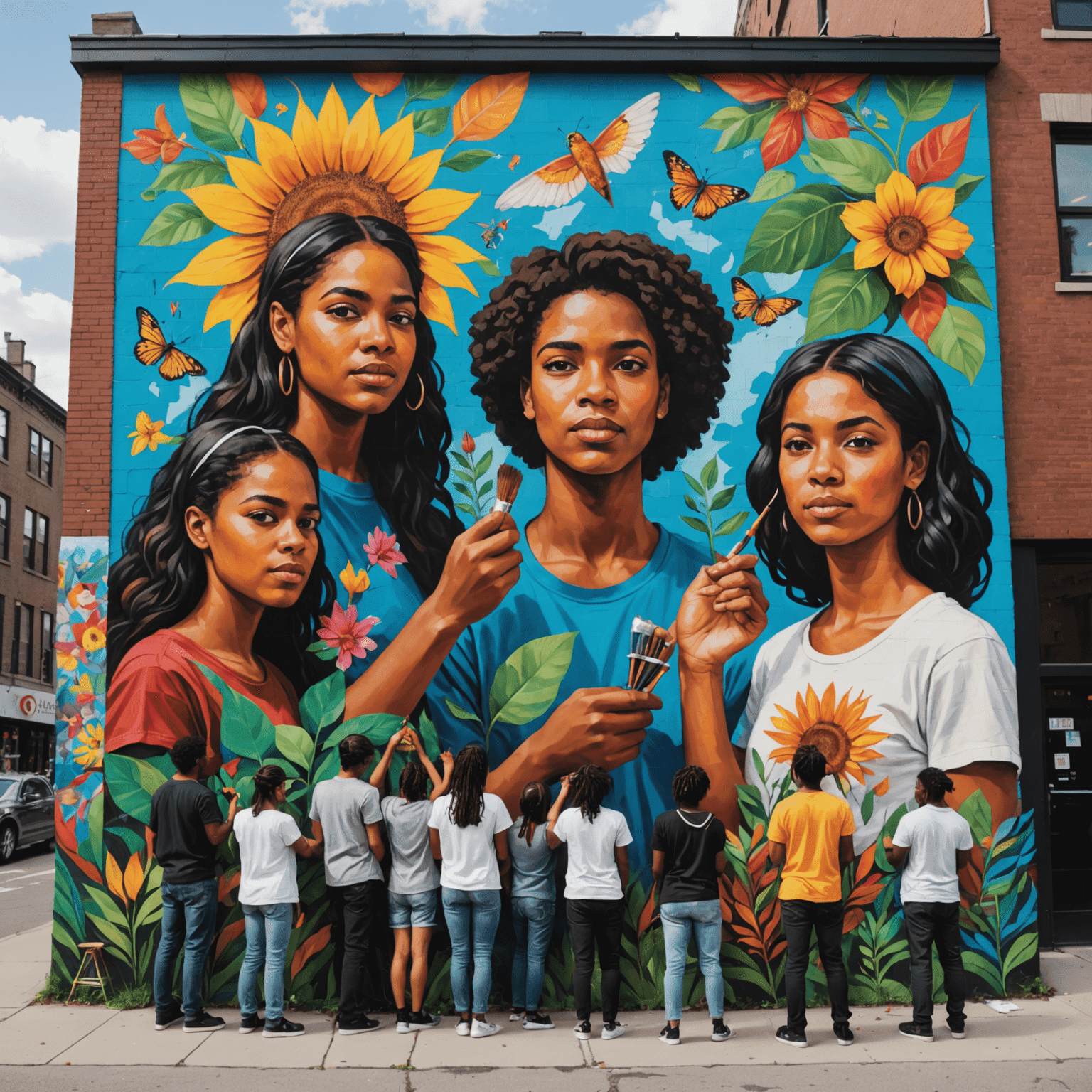 A group of diverse Montreal teenagers painting a large, colorful mural on the side of a building, depicting themes of unity and growth