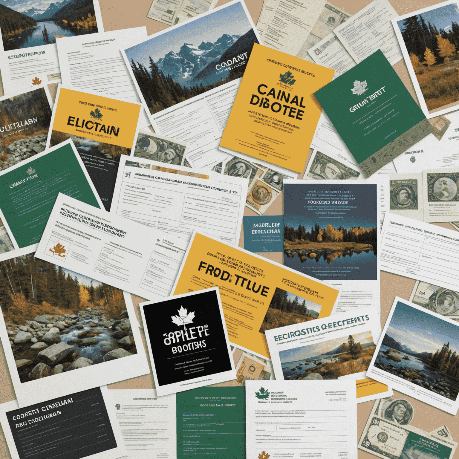 A collage of Canadian currency, grant application forms, and fundraising event posters for social projects