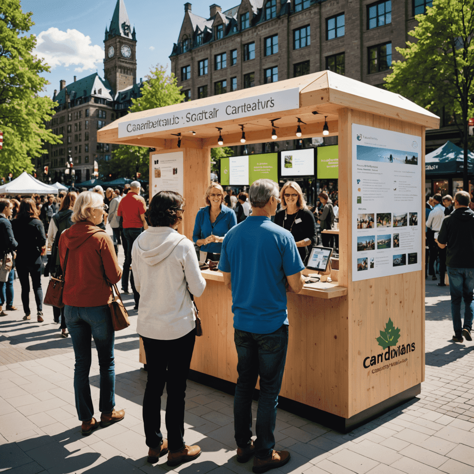 A diverse group of Canadians participating in a community event, with interactive booths, information stands, and people engaged in discussions about social initiatives.