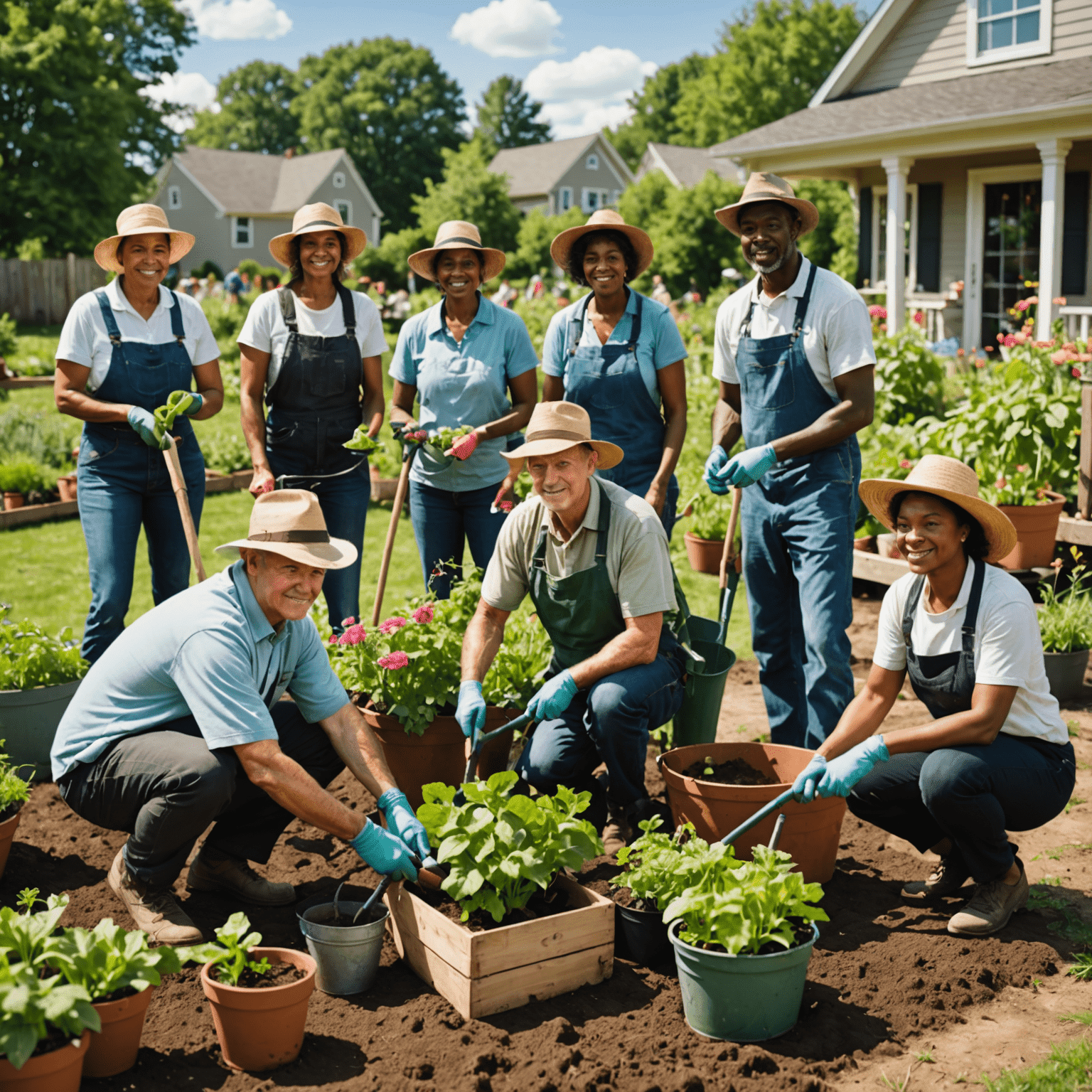 A diverse group of people participating in a community gardening project