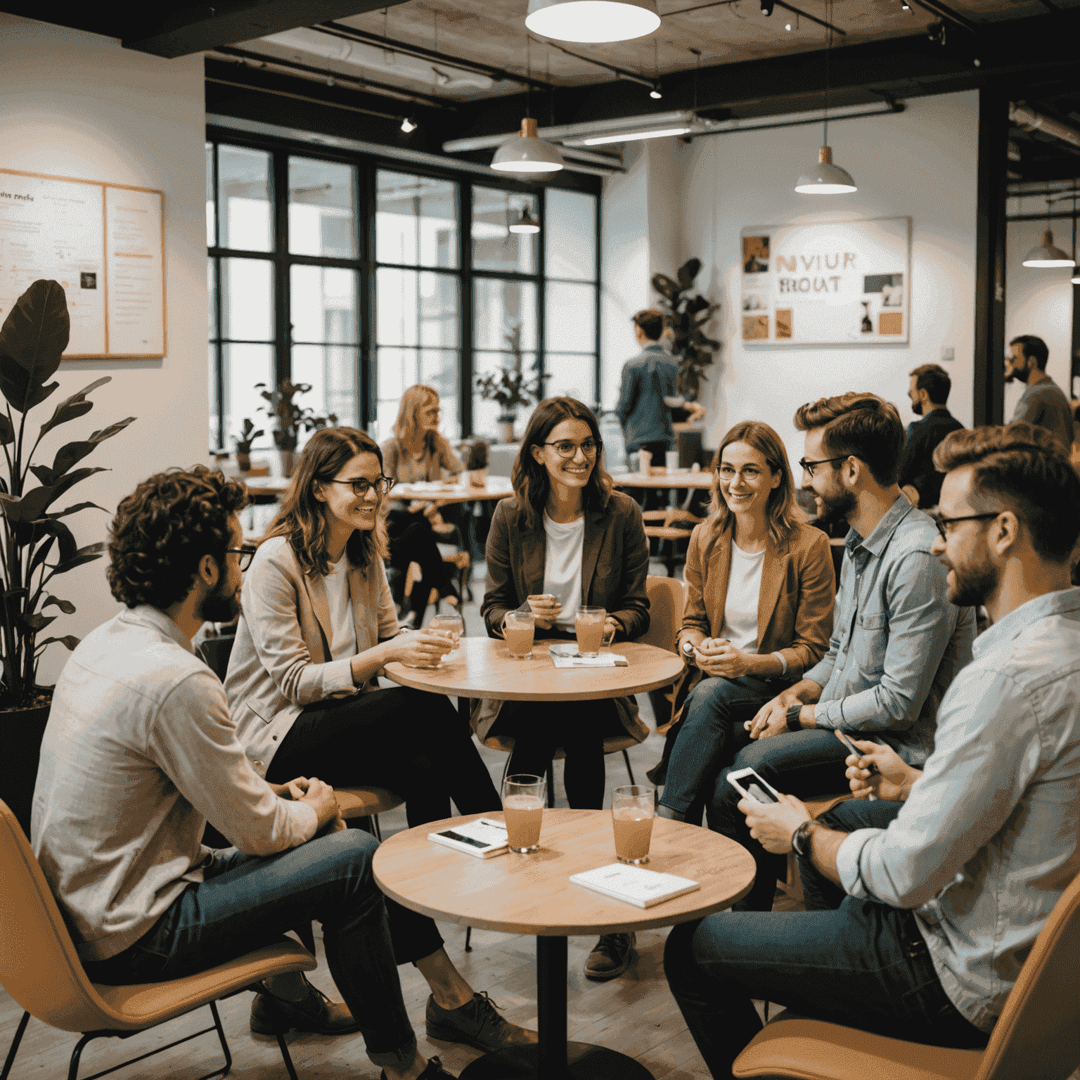 A small group of people engaged in a casual networking event in a modern co-working space