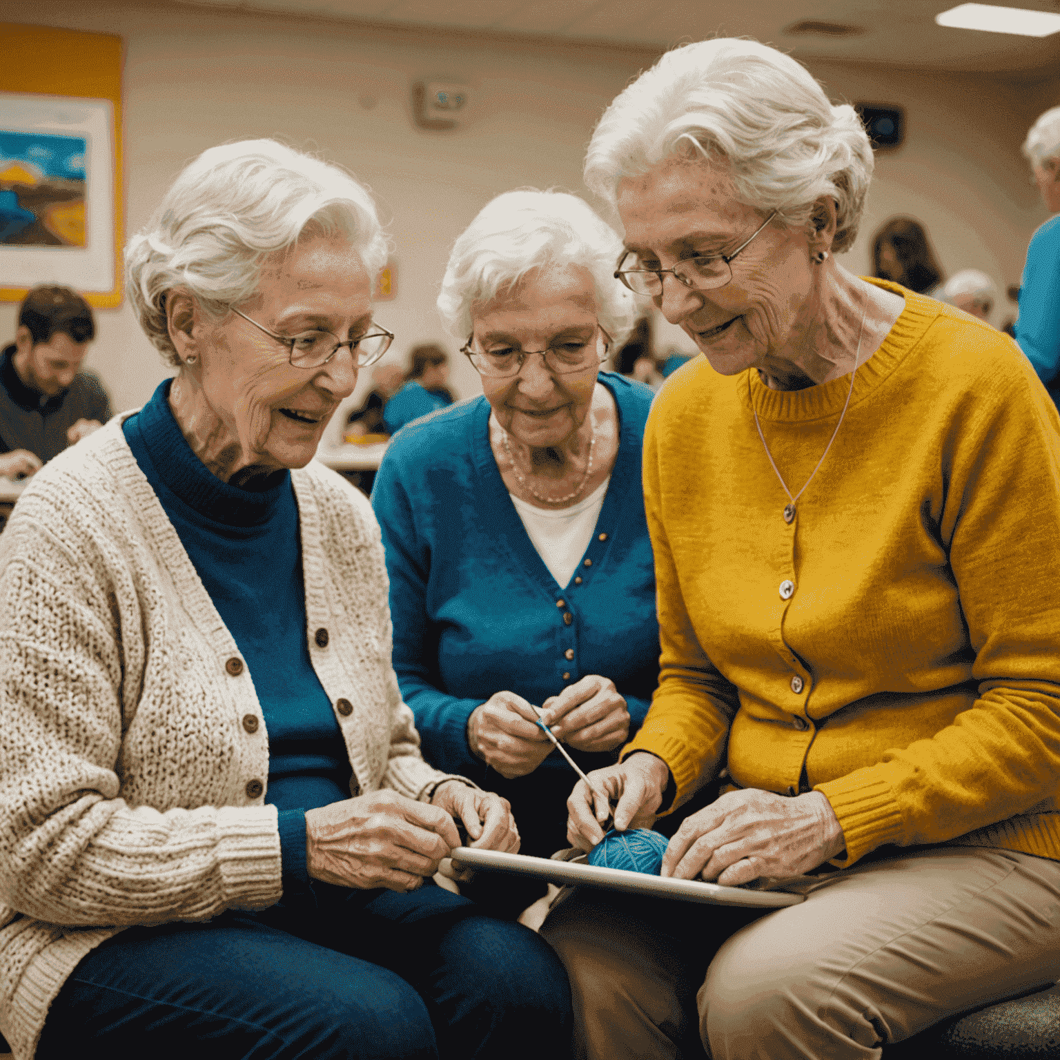 An elderly woman teaching a young adult how to knit, while the young person shows the senior how to use a tablet, in a bright community center in Halifax