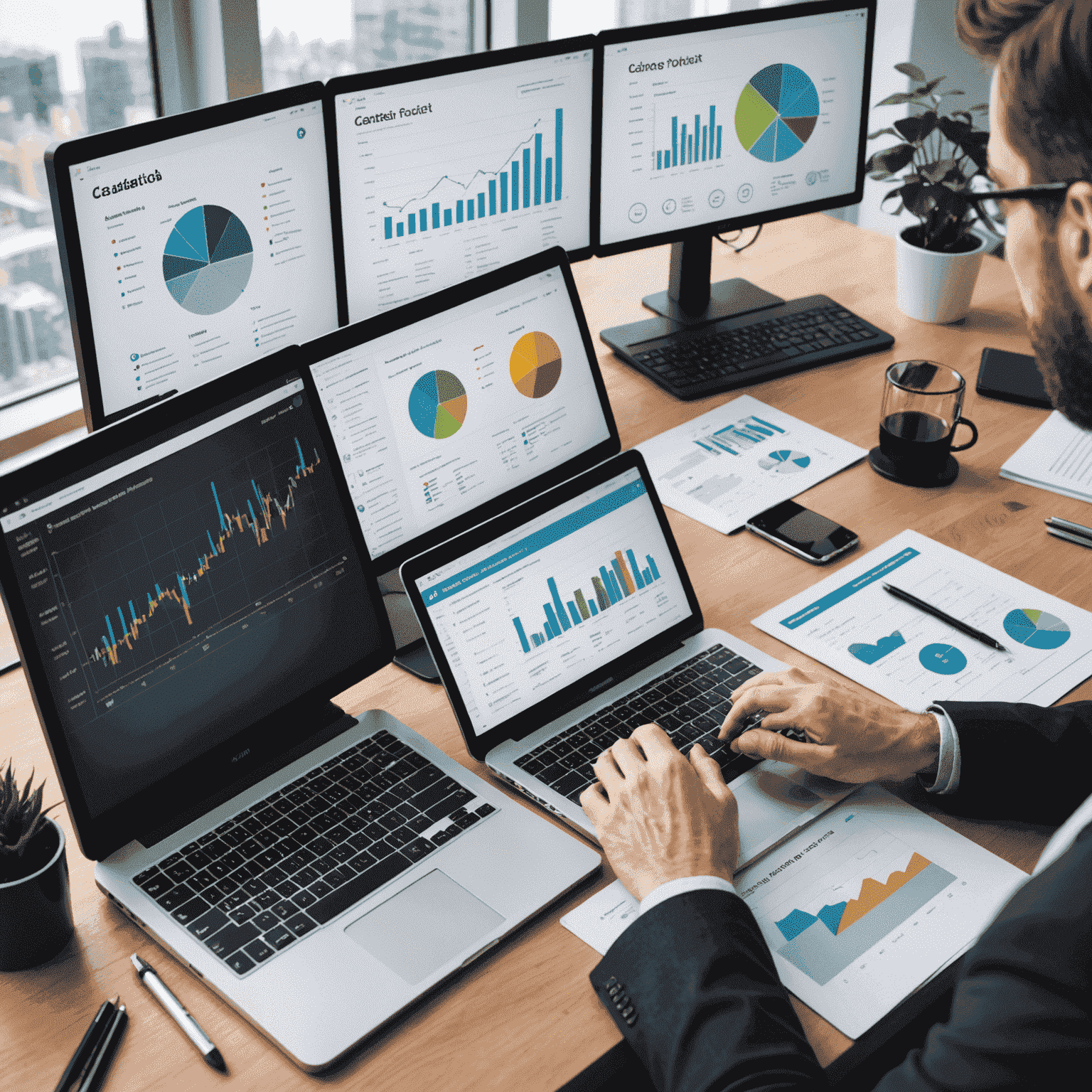 A person analyzing charts, graphs, and data on multiple screens, representing the process of evaluating the impact of social projects in Canada.