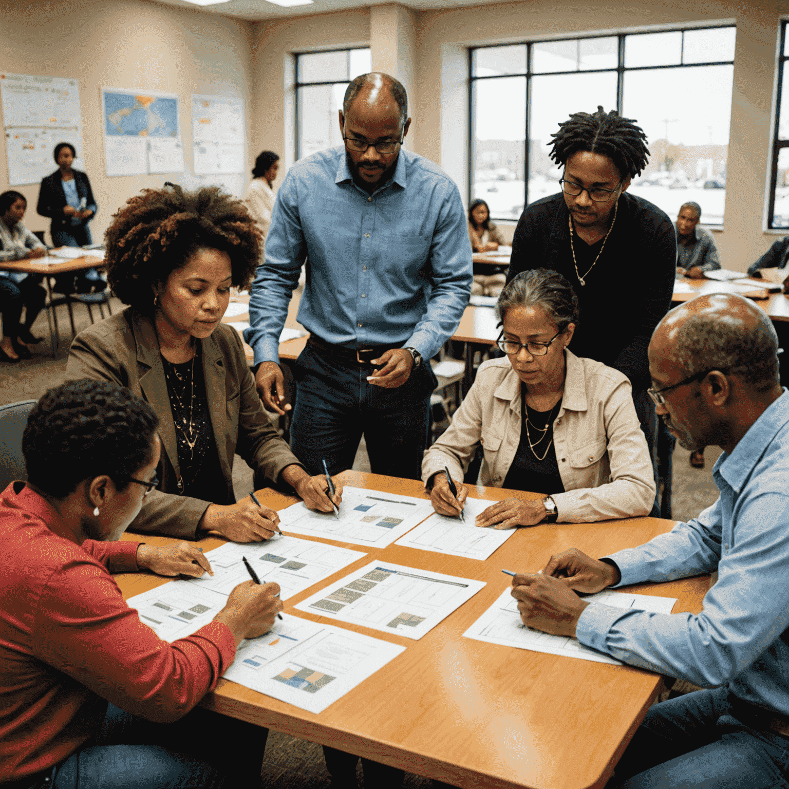 Group of diverse community members collaborating on a participatory impact assessment