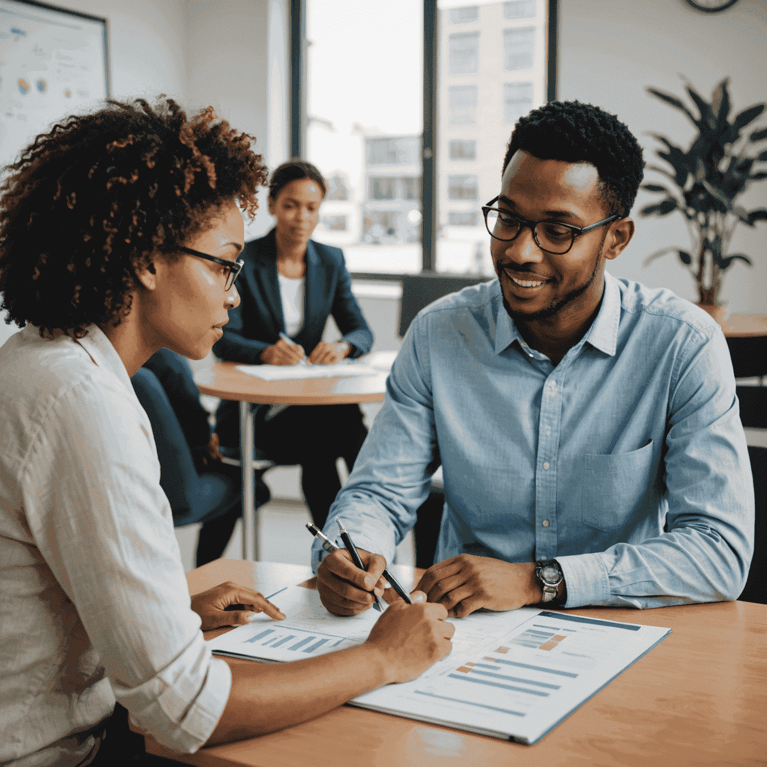 Two people in a mentoring session, discussing project plans and strategies