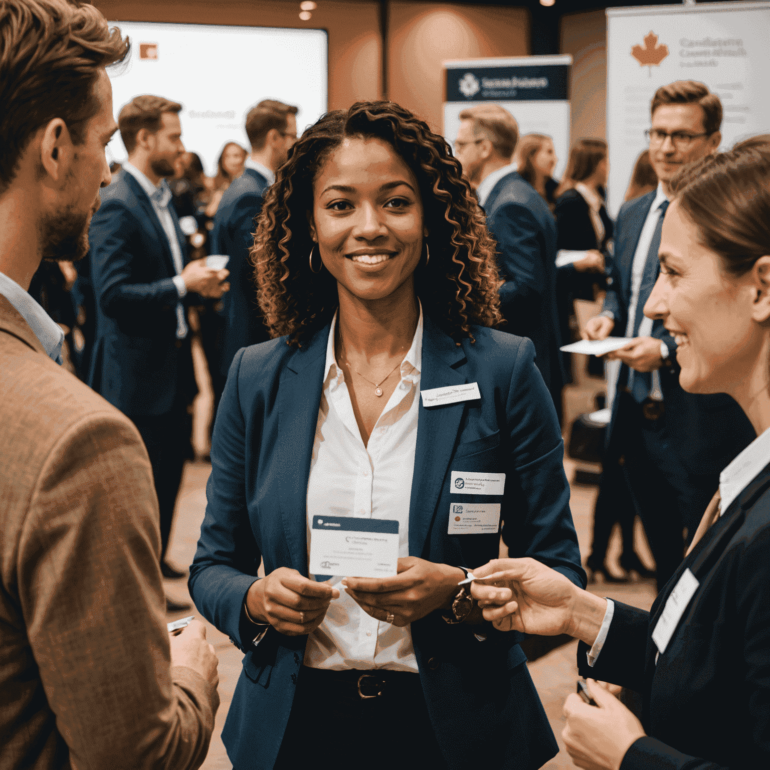 A networking event with diverse Canadian professionals exchanging business cards, with social project banners in the background